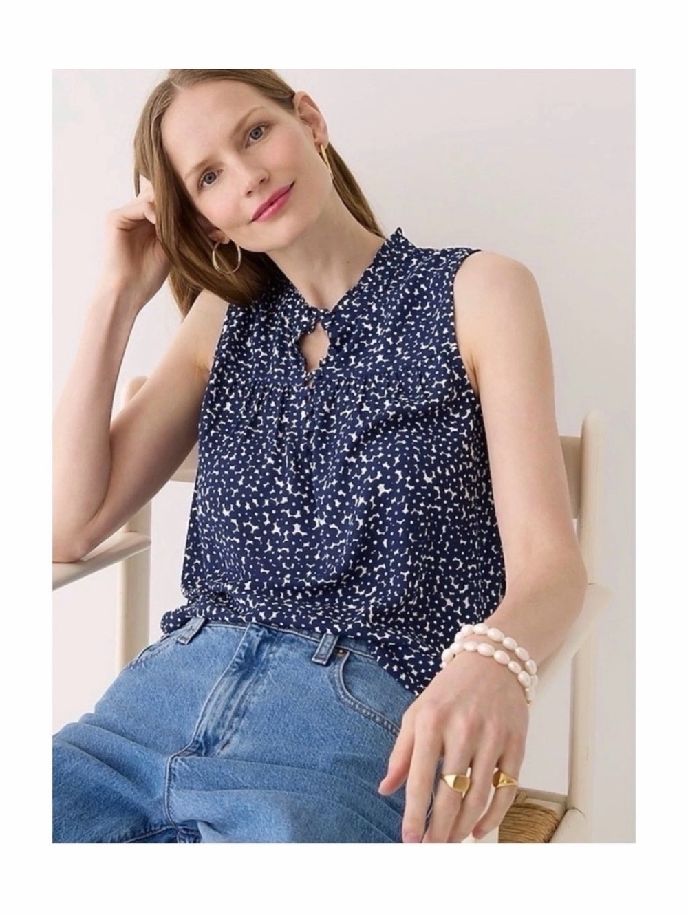 J. Crew XS Sleeveless Button-Front Ruffle Neck Popover Top In Navy Floral